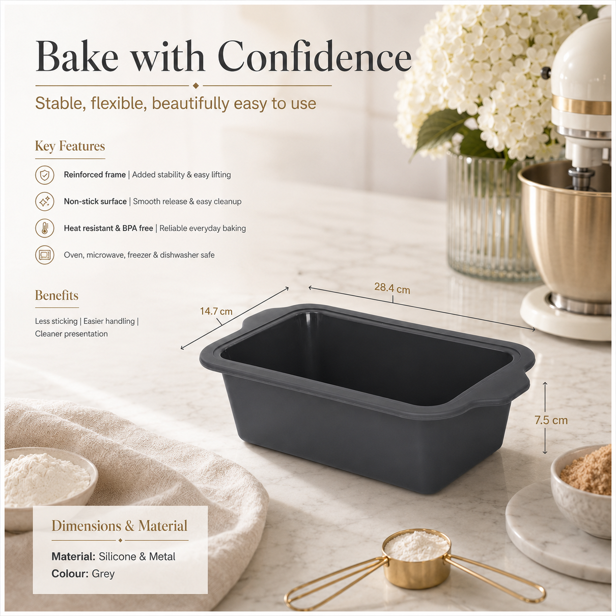 Essential Grey Reinforced Silicone Loaf Pan – BPA Free Baking Mould - 24cm