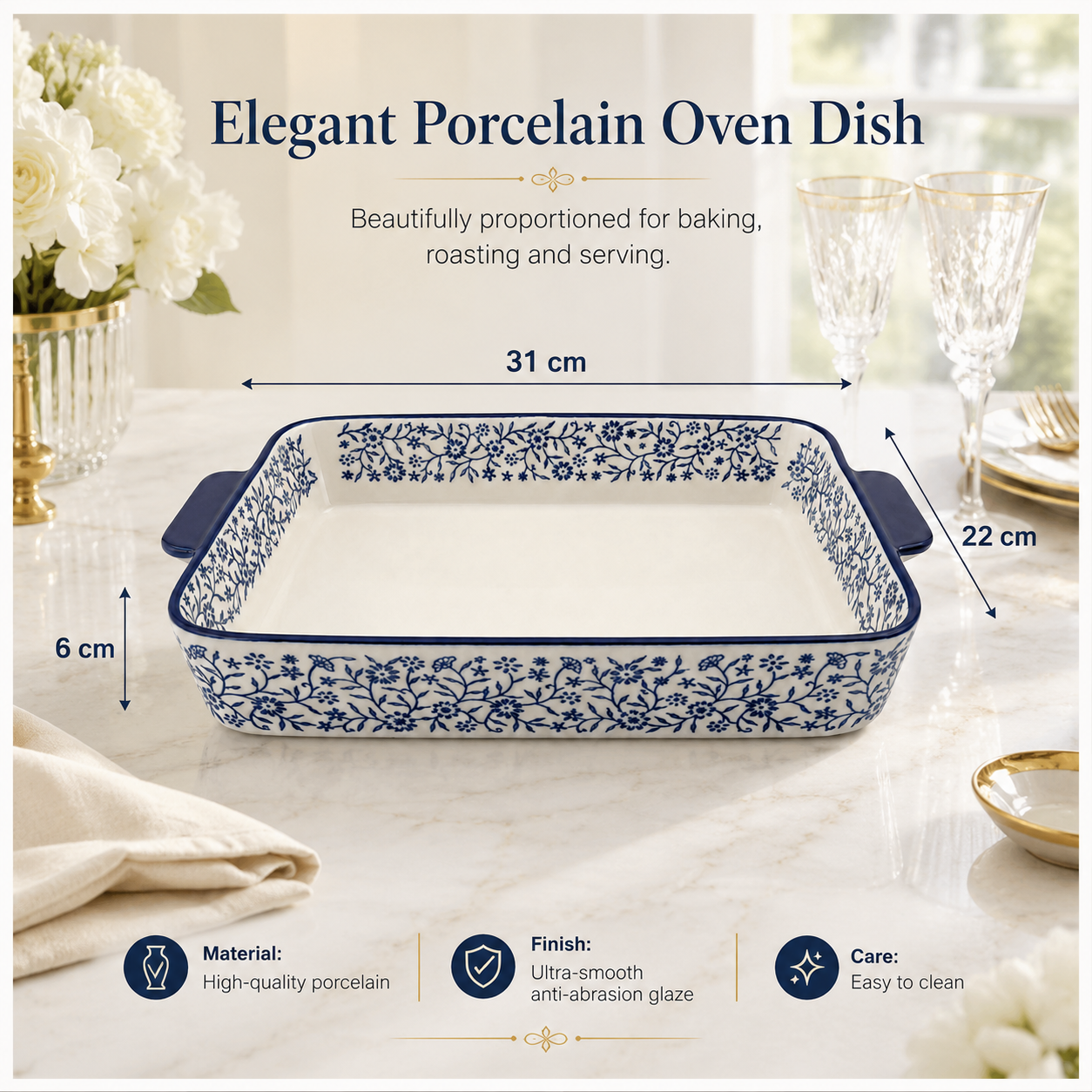 Premium White-Blue Porcelain Rectangular Casserole Dish -Serving Dish -31cm