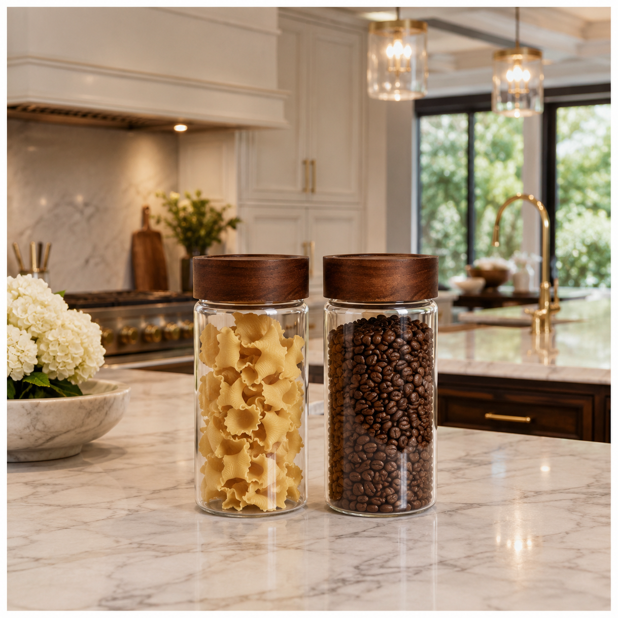 Set of 2 Borosilicate Sealed Glass Jars with Acacia Wood Lids – 580ml Each