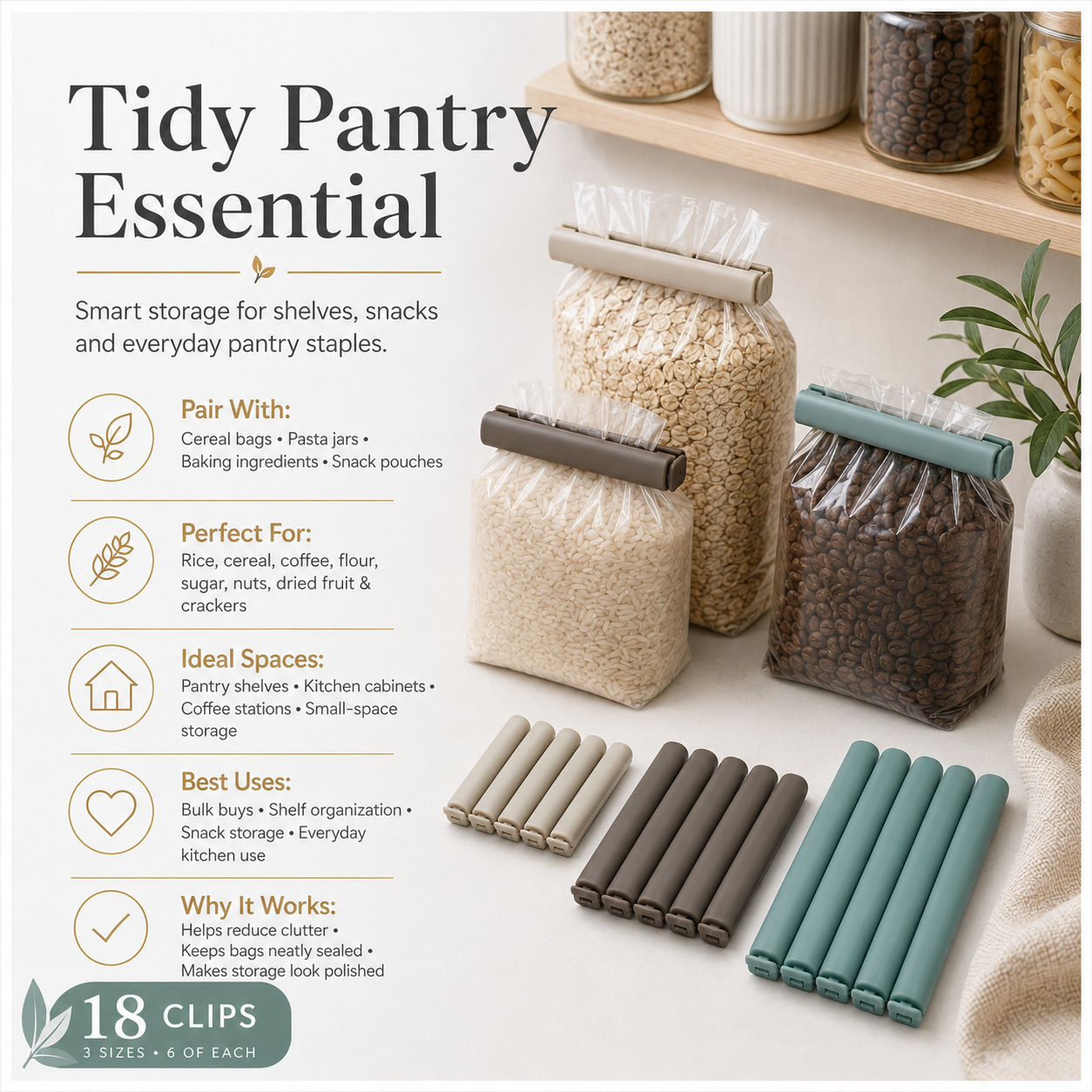 18-Piece Food Sealing Clip Set – 3 Sizes, Reusable Bag Clips for Preserving