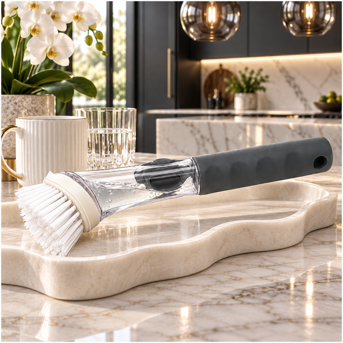 Essential Soap-Dispensing Dish Brush with Soft-Grip Handle – Grey