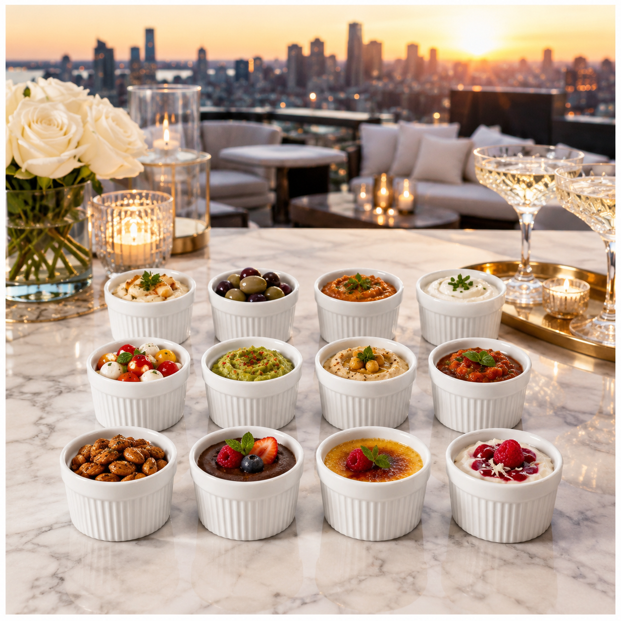 White Porcelain Ramekins Set of 12–Classic Ribbed Dessert and Baking Bowls