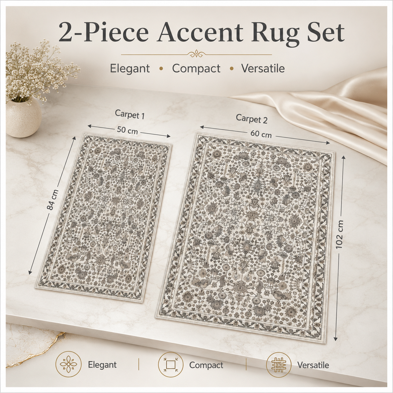 2-Piece Accent Persian Carpet Set–Charcoal Grey and Ivory-50x84cm-60x102 cm