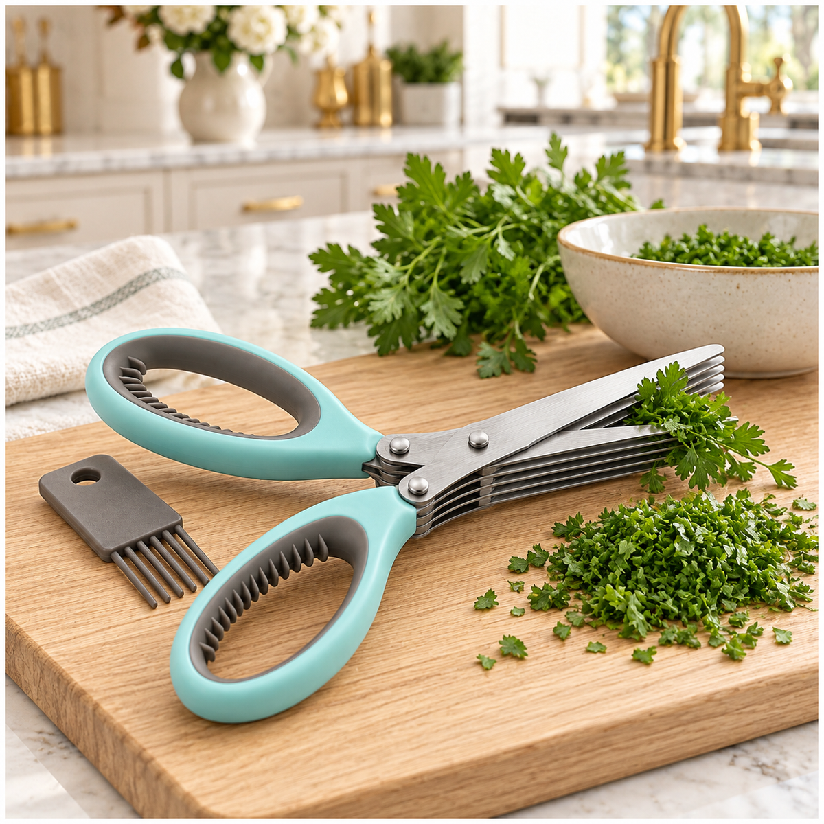Multi-Blade Herb Scissors and Cleaning Comb Set-2 Piece ,Blue and Grey-20cm
