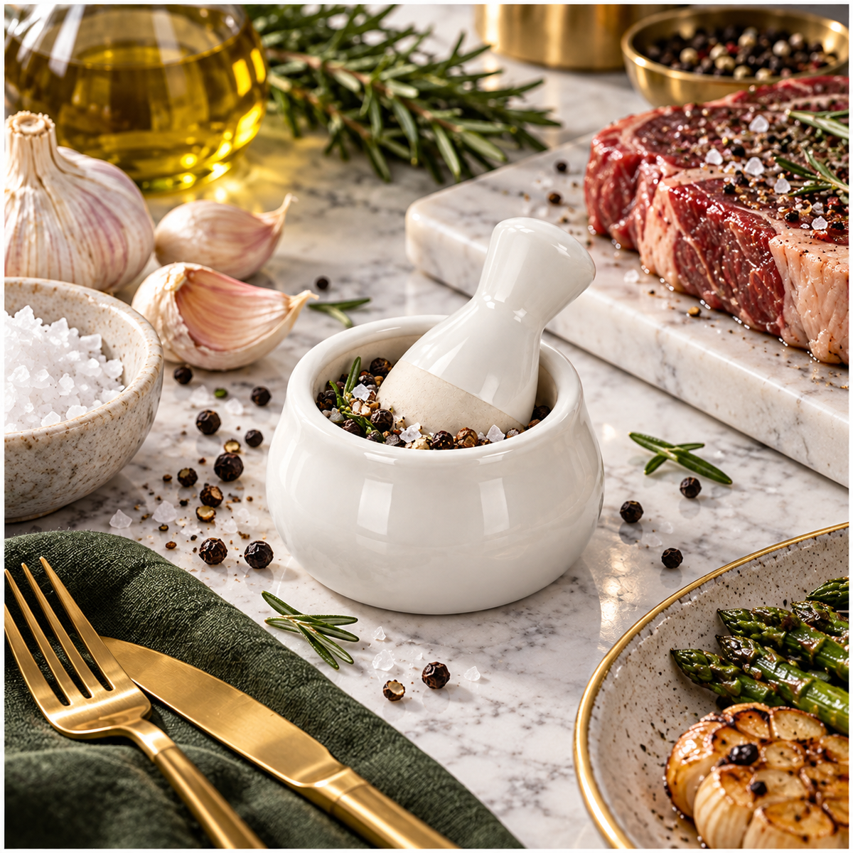 Mini Ceramic Mortar and Pestle Set - White Cream - Herb and Spice Grinder