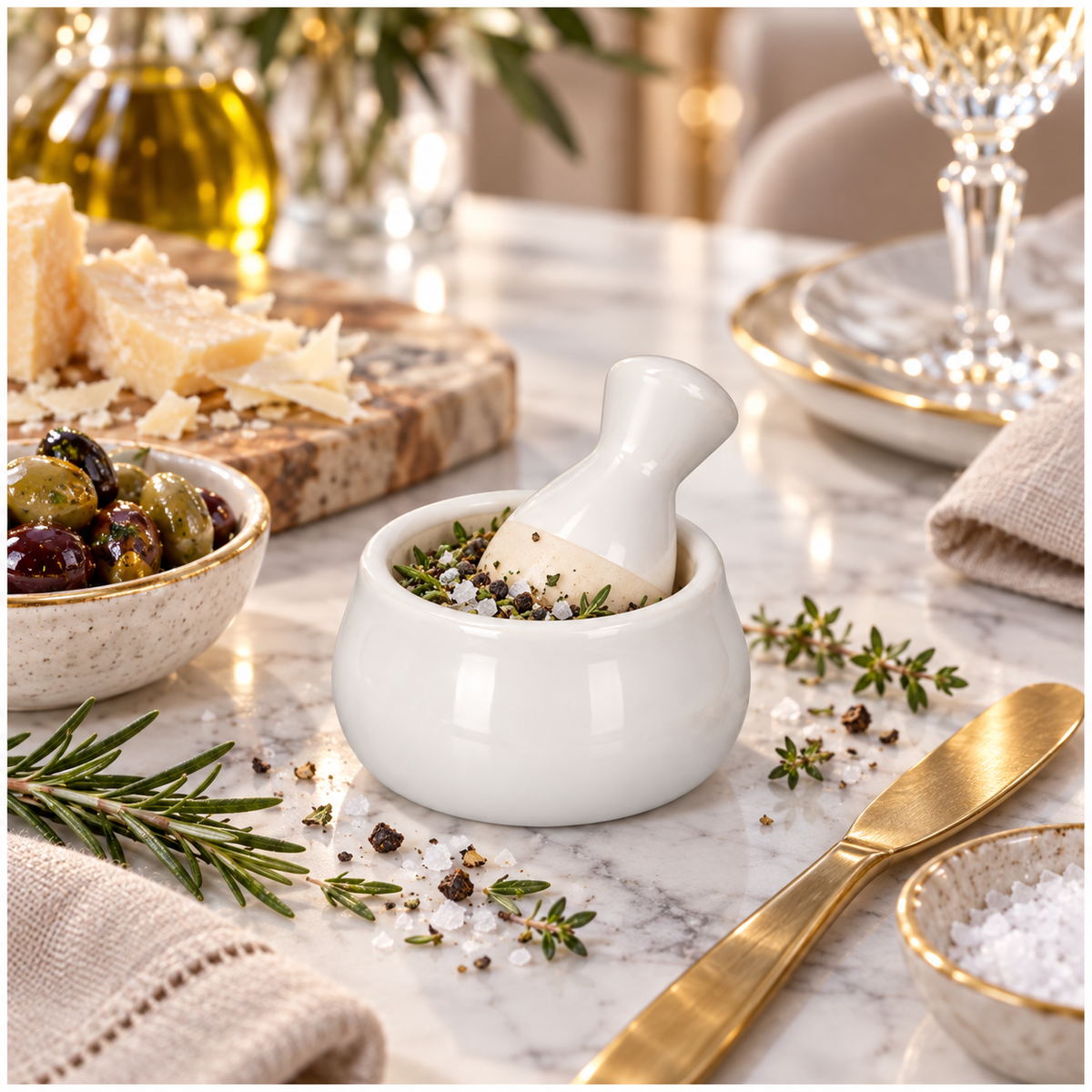 Mini Ceramic Mortar and Pestle Set - White Cream - Herb and Spice Grinder