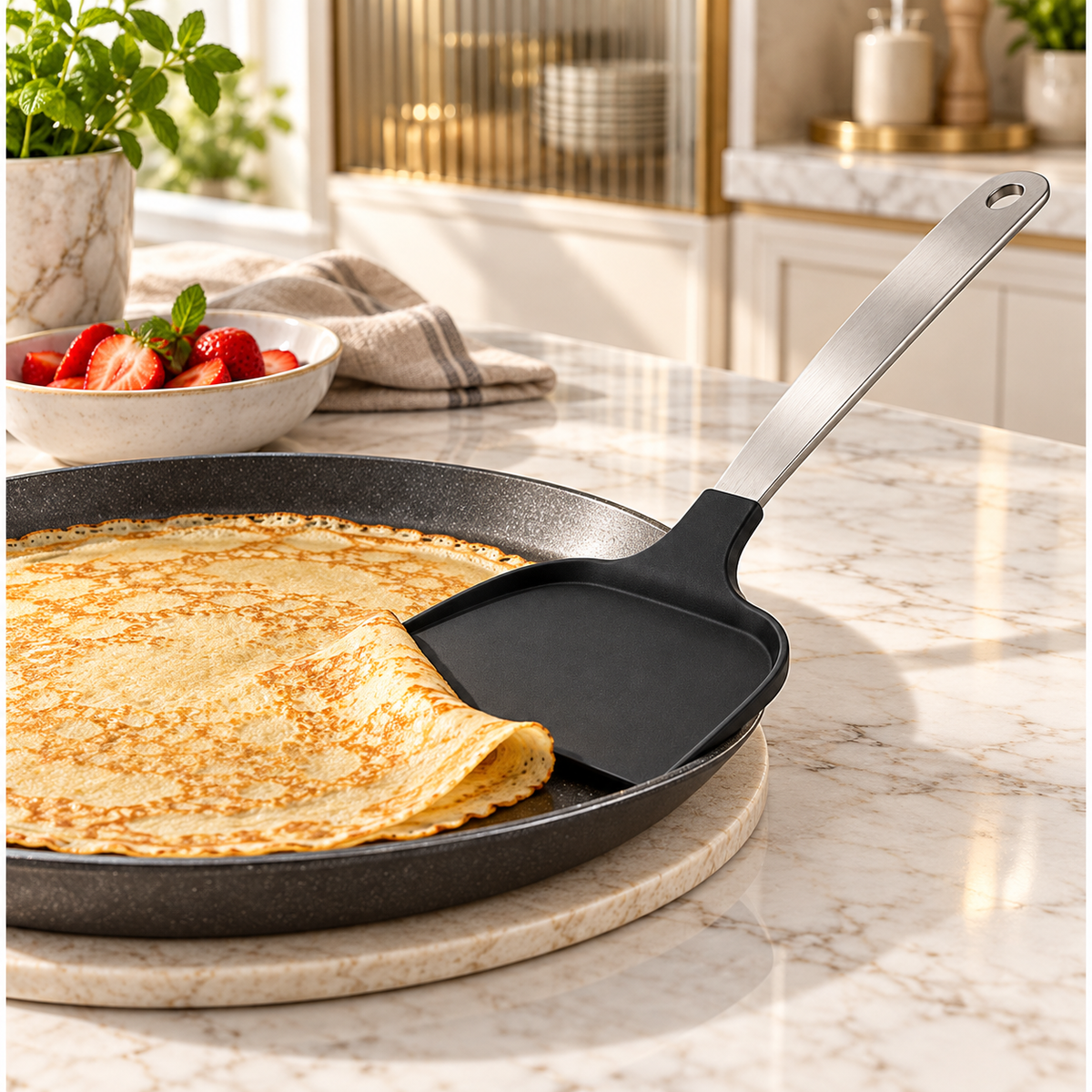 Wide Pancake Turner Spatula–Flexible Head and Stainless Steel Handle, 32 cm