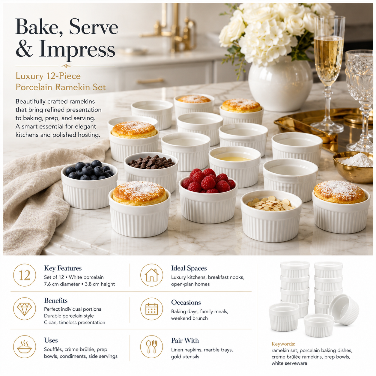 White Porcelain Ramekins Set of 12–Classic Ribbed Dessert and Baking Bowls