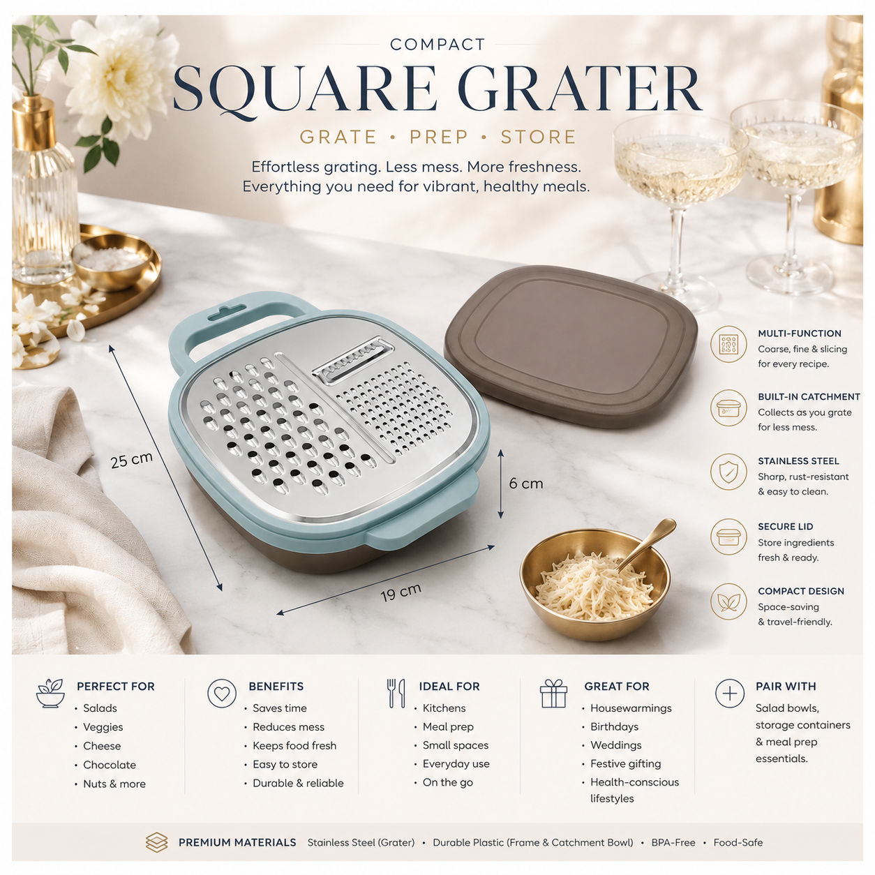 Essential 2-in-1 Stainless Steel Box Grater with Storage Container and Lid