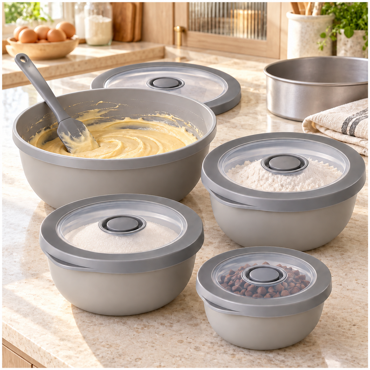 Airtight Round Food Storage Container Set of 4 – Grey, Clear Lids, BPA-Free