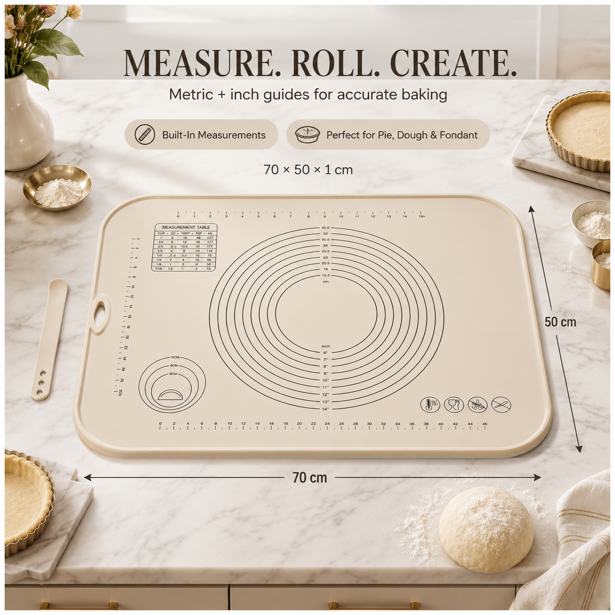 Essential Large Silicone Pastry Mat with Raised Edge and Guides - 70 x 50cm