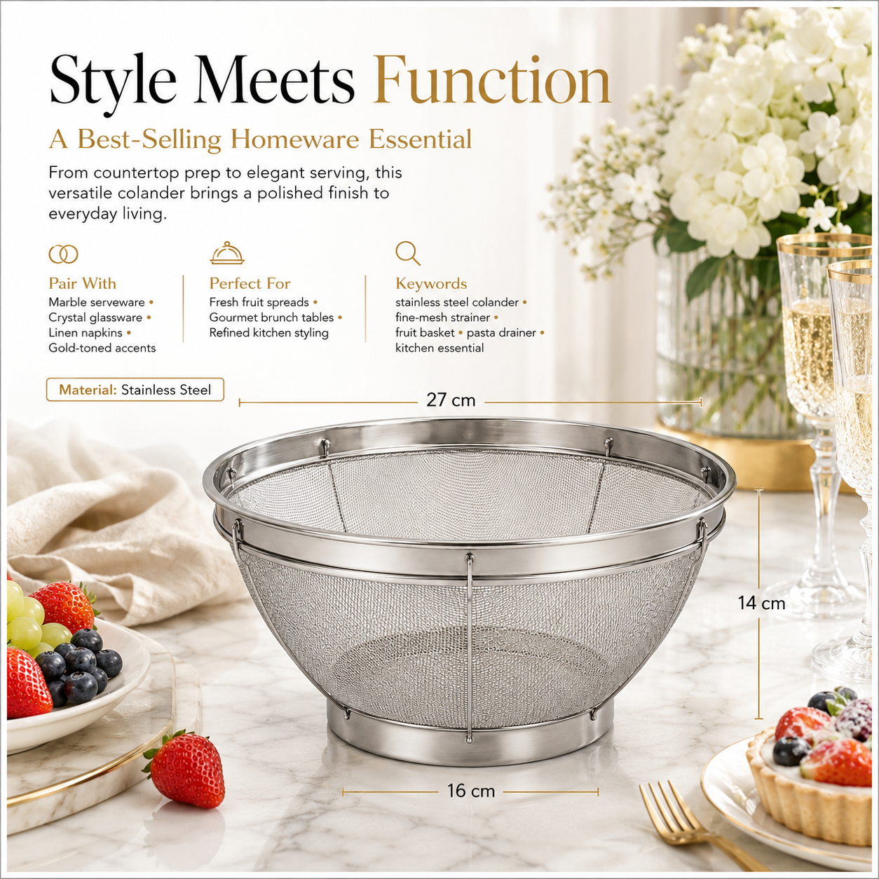 Fine Mesh Stainless Steel Colander Basket - Perfect for Kitchen Prep -27 cm