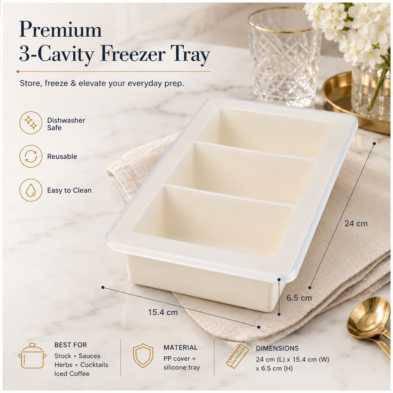 3-Cavity Silicone Ice Cube Tray with Sealing Lid – Cream - 24 cm