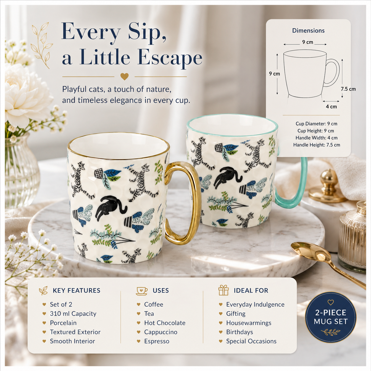 2-Piece Textured Porcelain Coffee Mug Set – 310ml Floral Cat Design