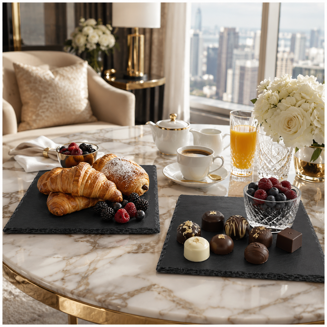 Elegant Two-Piece Natural Stone- Slate Serving Tray Set – 40 x 30cm