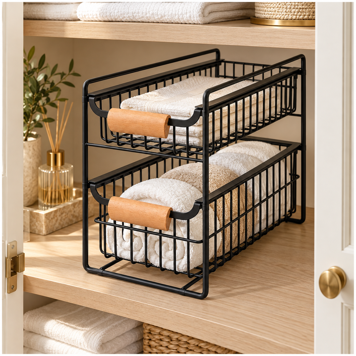 2-Tier Iron Drawer Organiser with Beechwood Handles for Convenient Storage