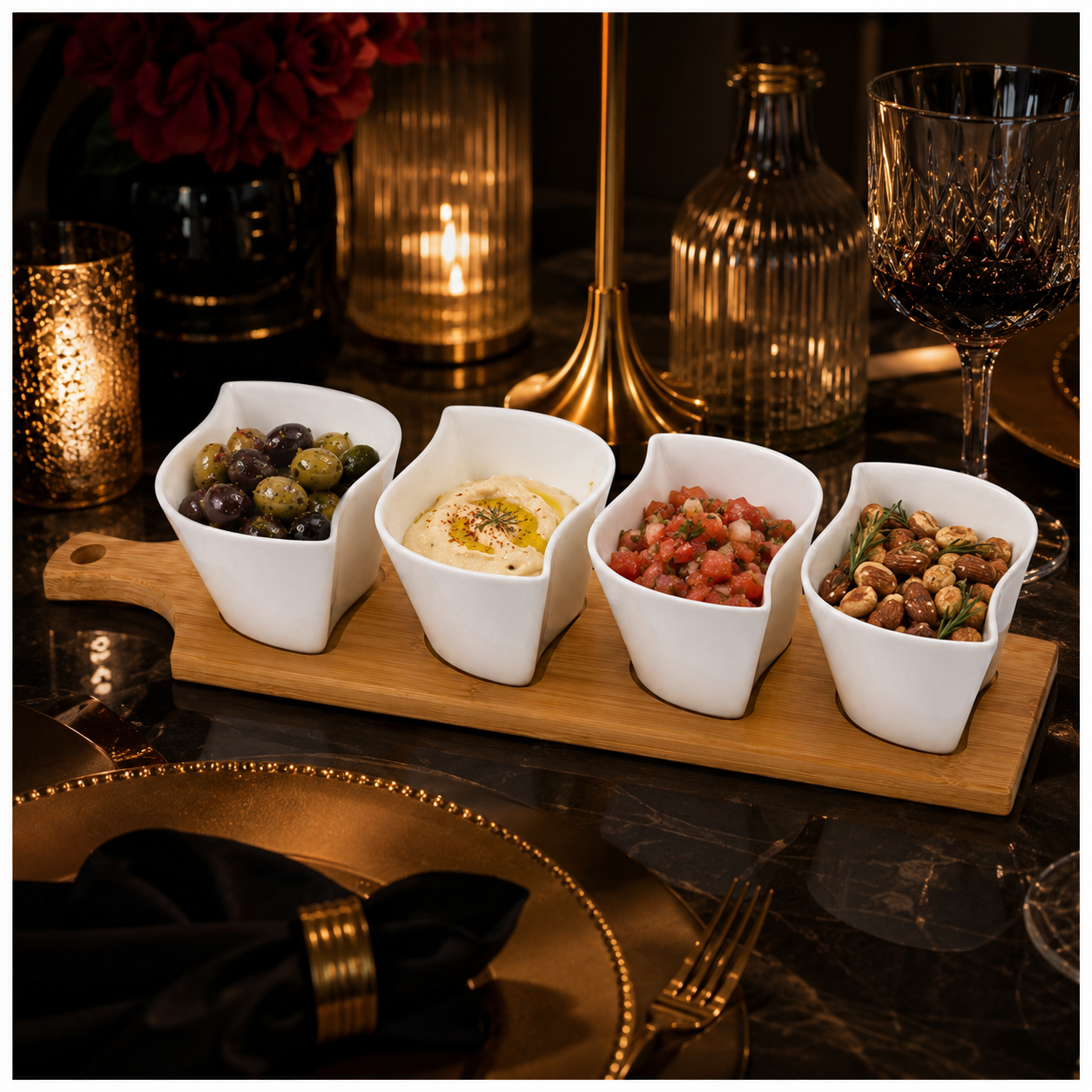 Elegant Ceramic Dipping Bowl Set with Bamboo Serving Paddle Board –