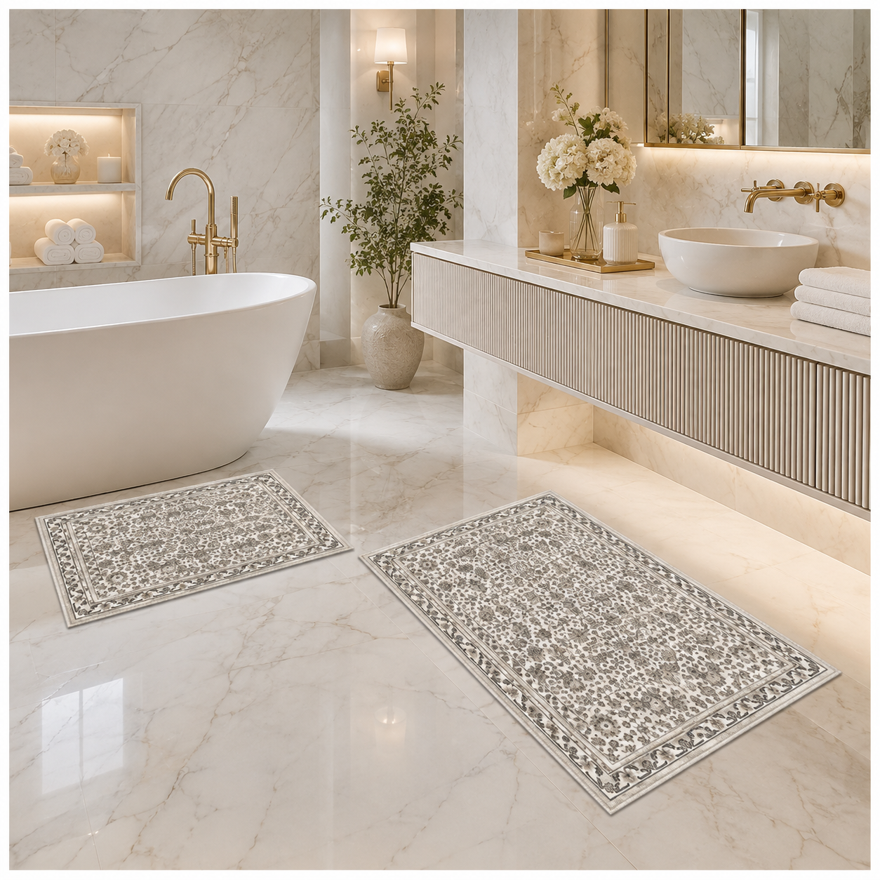 2-Piece Accent Persian Carpet Set–Charcoal Grey and Ivory-50x84cm-60x102 cm