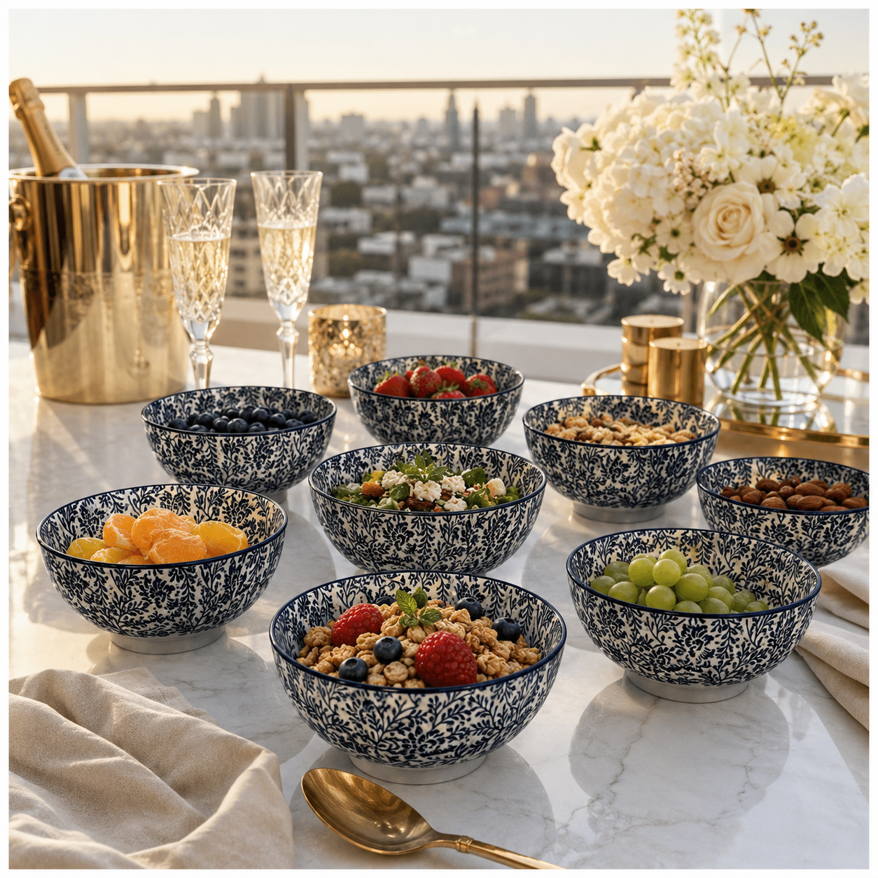 Elegant 8-Piece Blue Floral Porcelain Bowl Set – 13 cm