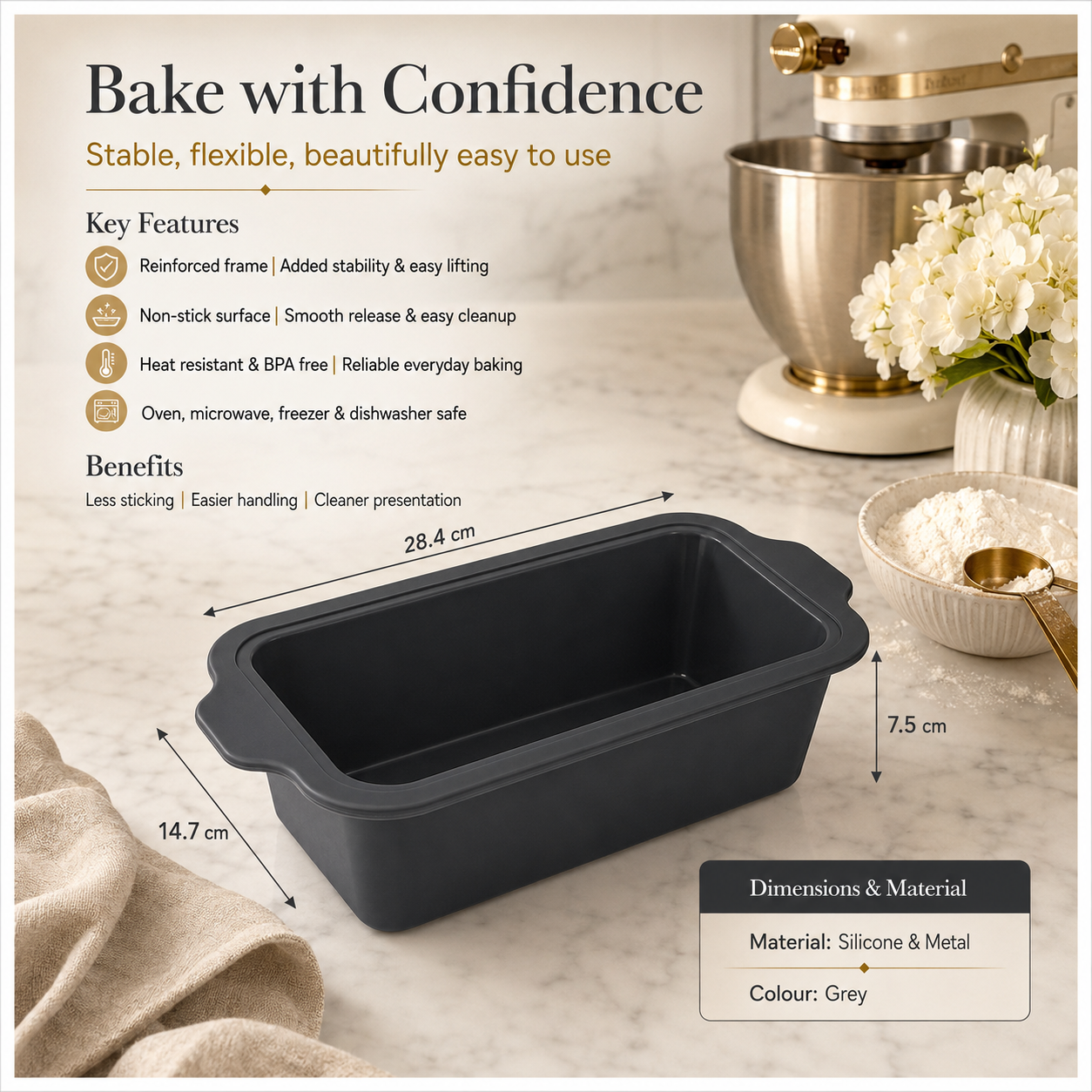 Essential Grey Reinforced Silicone Loaf Pan – BPA Free Baking Mould - 24cm