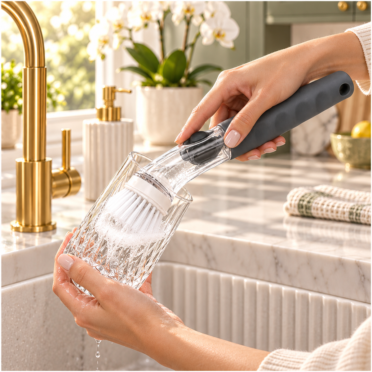 Essential Soap-Dispensing Dish Brush with Soft-Grip Handle – Grey