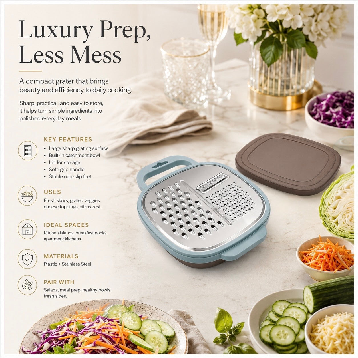 Essential 2-in-1 Stainless Steel Box Grater with Storage Container and Lid