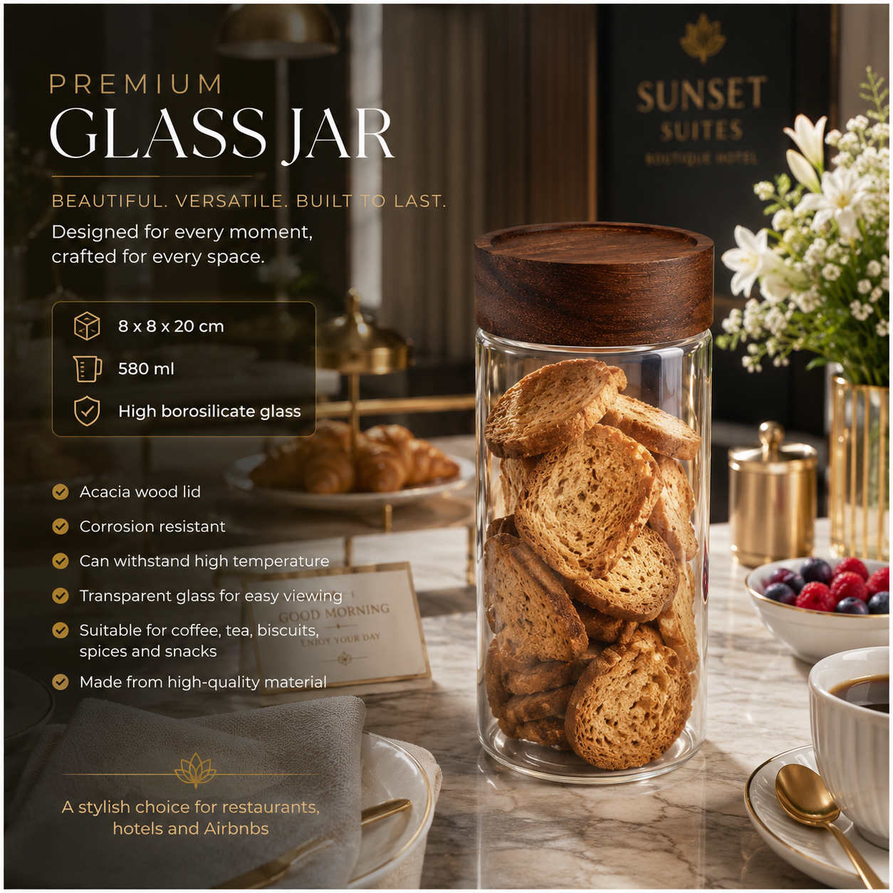 Set of 2 Borosilicate Sealed Glass Jars with Acacia Wood Lids – 580ml Each