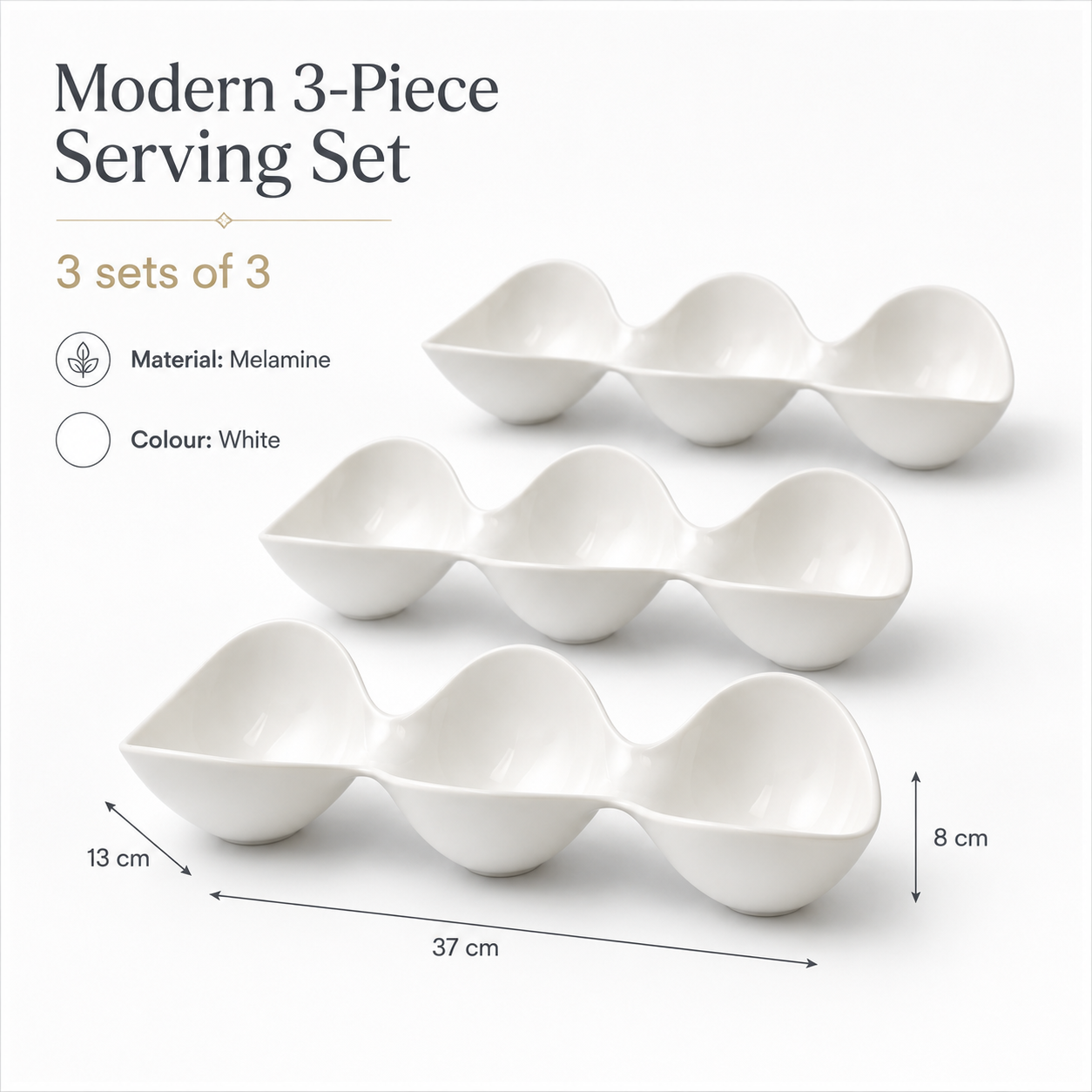 3-Piece White Melamine Triple Bowl Serving Set – 3 x 3-Compartment Bowls