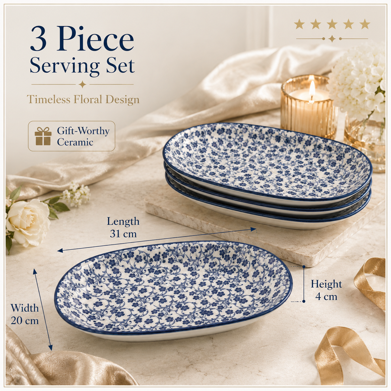 Elegant Blue and White Ceramic Serving Platter Set – Set of 3 - 30 cm