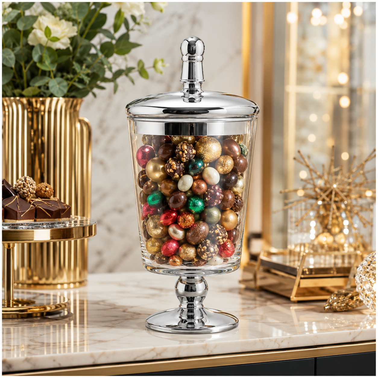 Elegant Decorative Glass Jar with Mirrored Silver Lid and base – 23.5cm