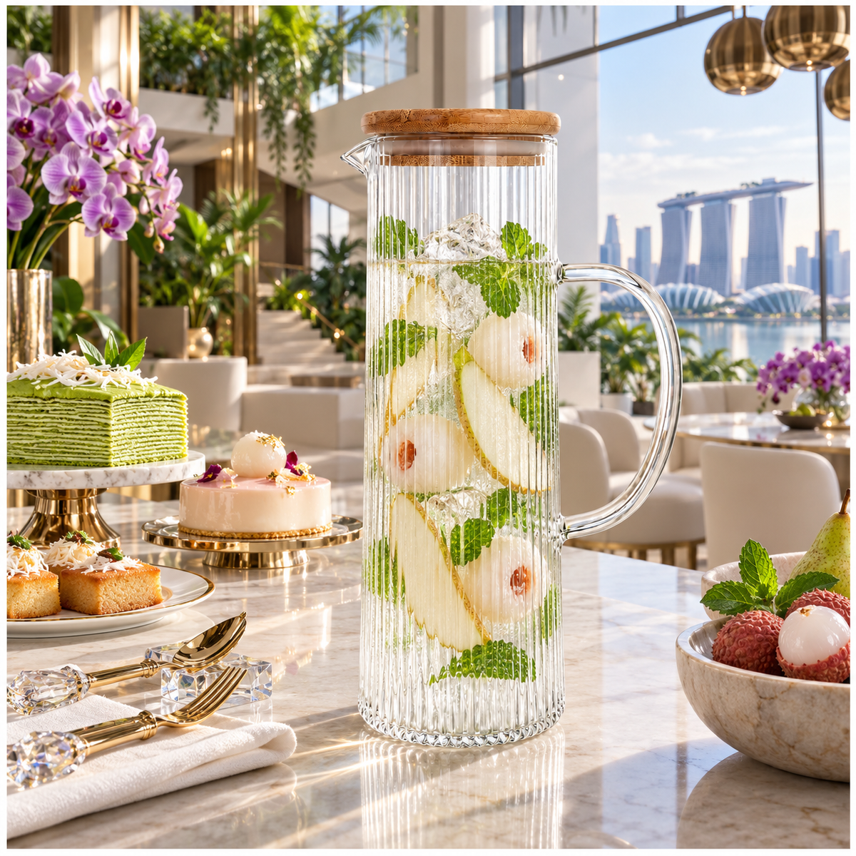 Elegant 1.2L Ribbed Crystal Glass Water Pitcher with Airtight Wooden Lid