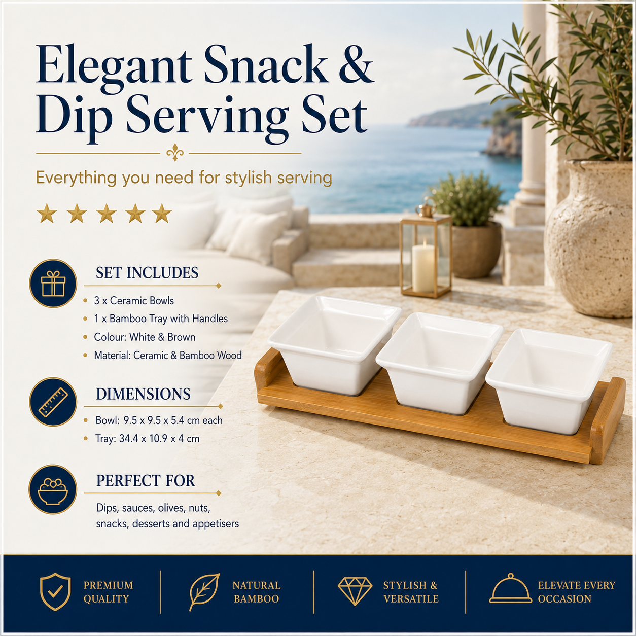 4 Piece Beauitiful Ceramic Snack Bowl Set with Wooden Serving Board- 34 cm