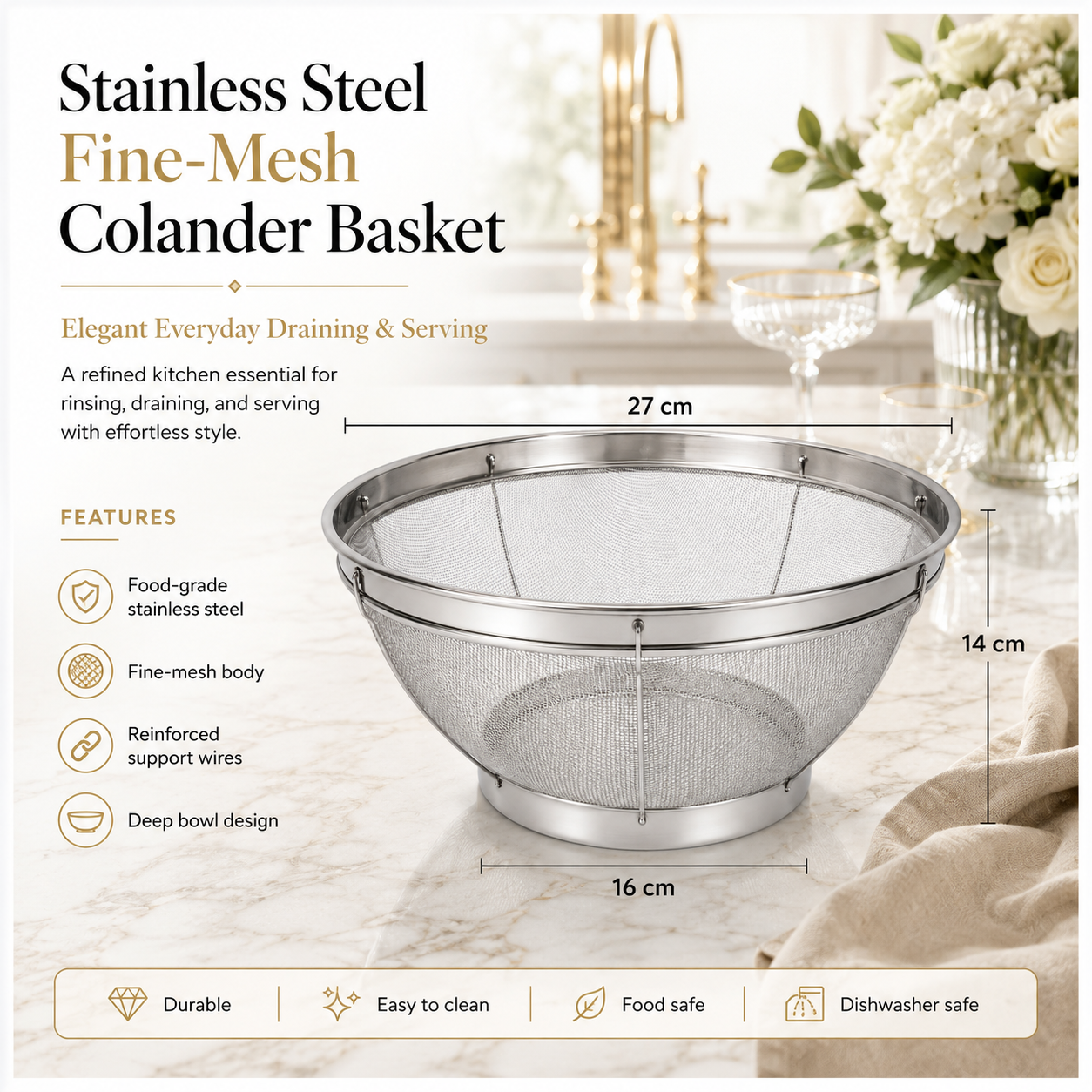 Fine Mesh Stainless Steel Colander Basket - Perfect for Kitchen Prep -27 cm