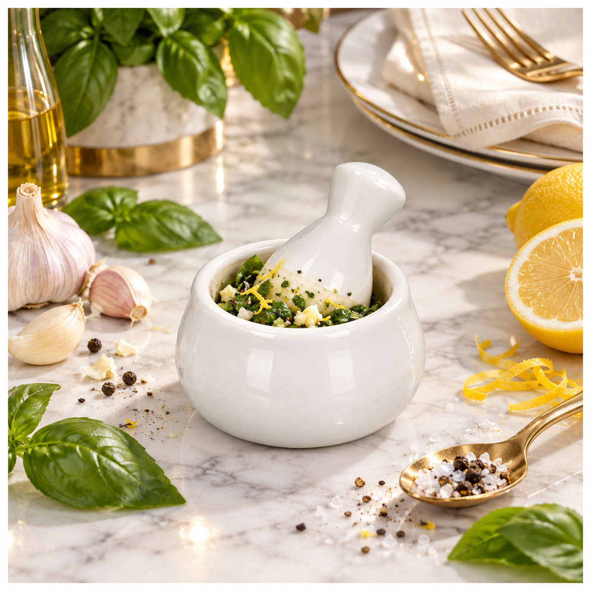 Mini Ceramic Mortar and Pestle Set - White Cream - Herb and Spice Grinder