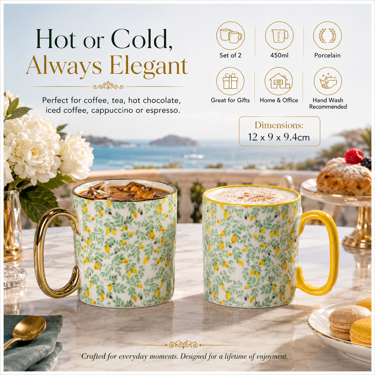 2-Piece Floral Porcelain Coffee Mug Set–Elegant Hot and Cold Beverage Mugs