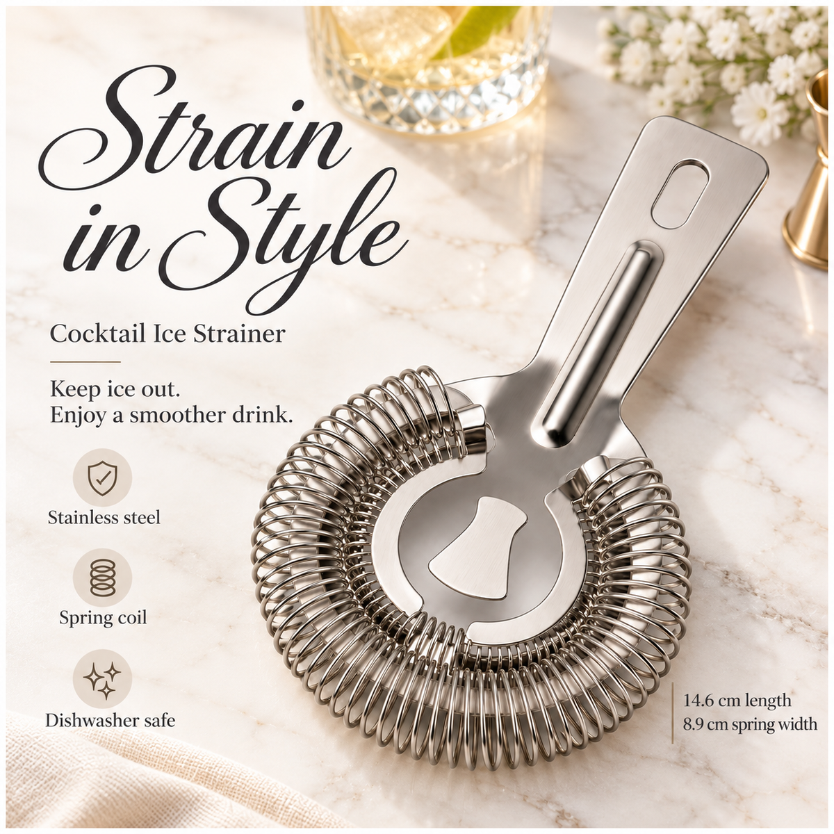 Stainless Steel Cocktail Ice Strainer - Silver Spring Coil - 14 cm