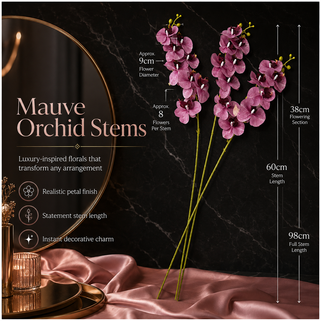 3 Piece Decorative Orchid Stem Set – Beautiful Tall Flowers -98 cm
