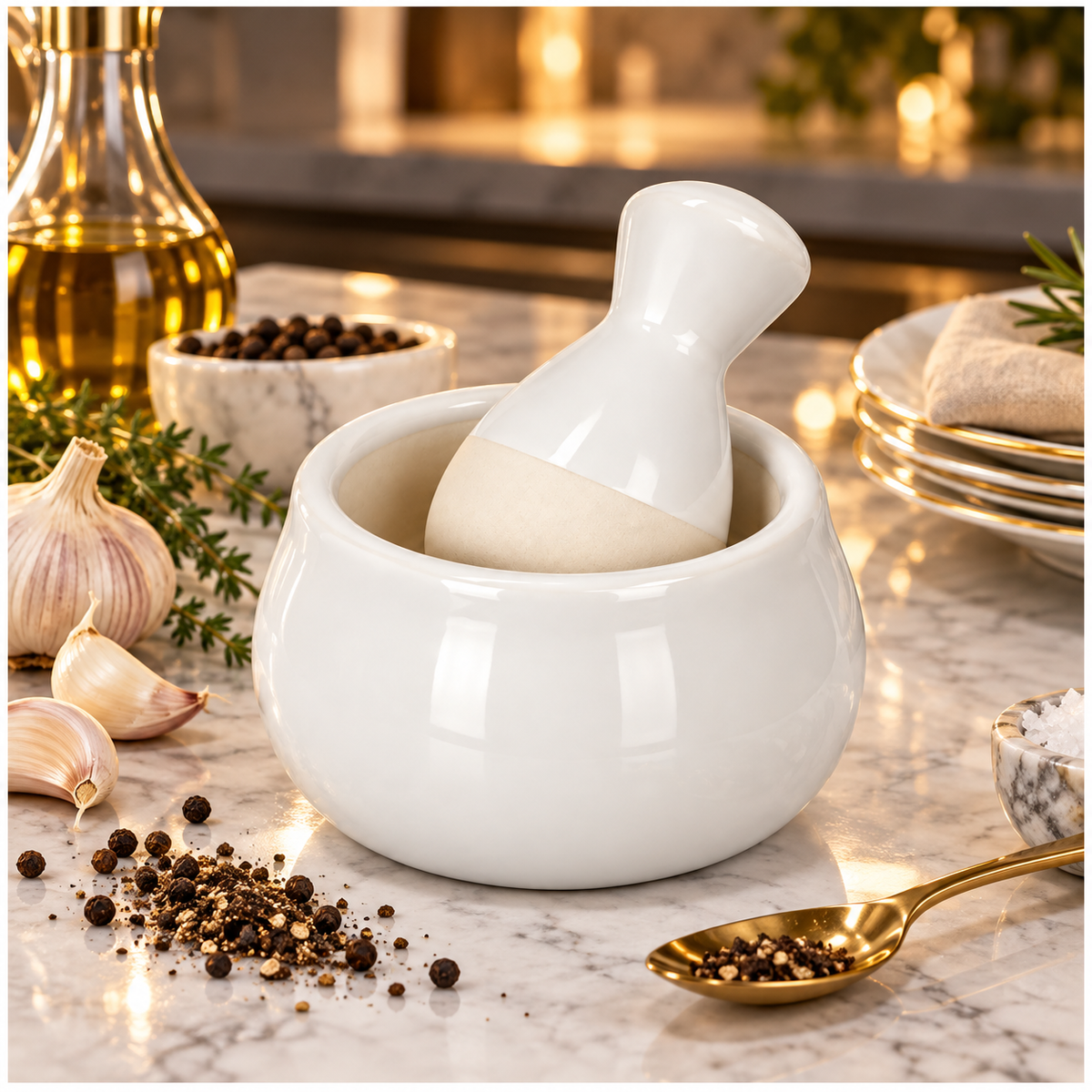 Mini Ceramic Mortar and Pestle Set - White Cream - Herb and Spice Grinder