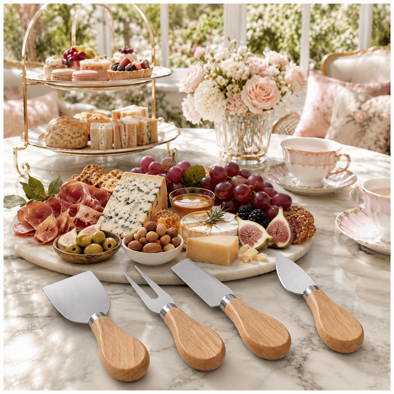 4-Piece Beech Wood Cheese Knife Serving Set - 12 cm