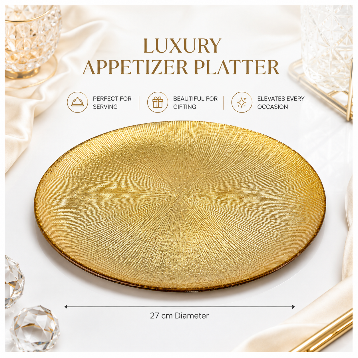 Elegant Gold Sunburst Glass Dessert and Appetizer Platter – 27cm