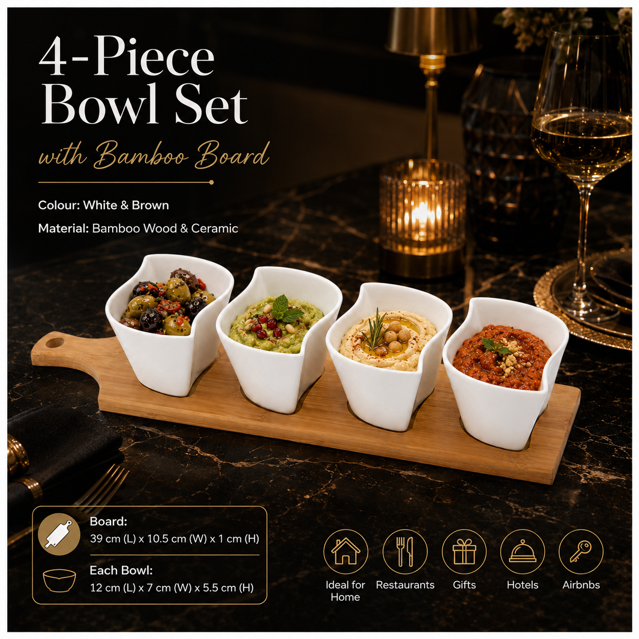 Elegant Ceramic Dipping Bowl Set with Bamboo Serving Paddle Board –