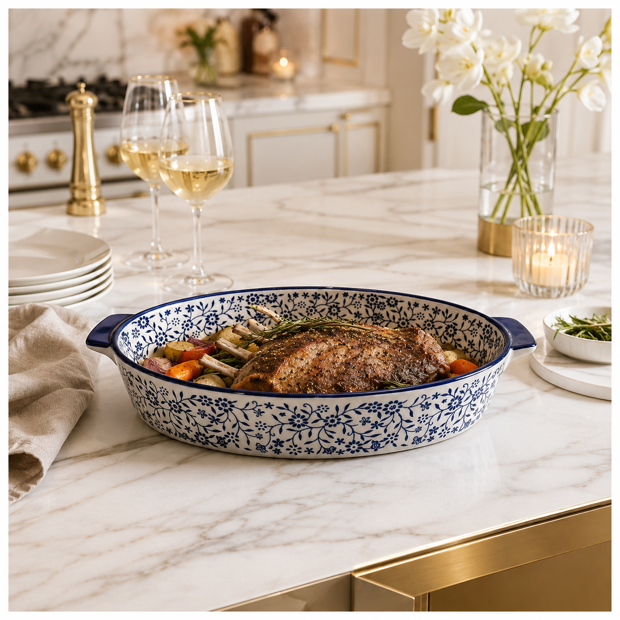 33cm Blue Floral Porcelain Oval Baking Dish with Handles