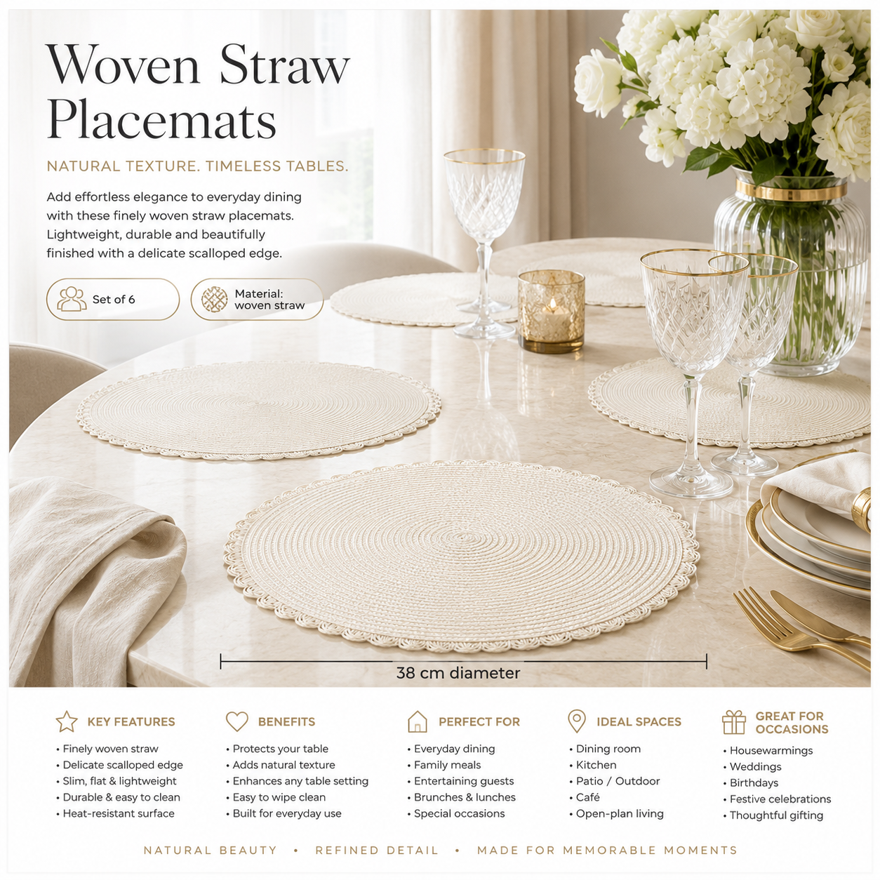 6-Piece Round Woven Straw Placemats with Scalloped Edge – 38cm