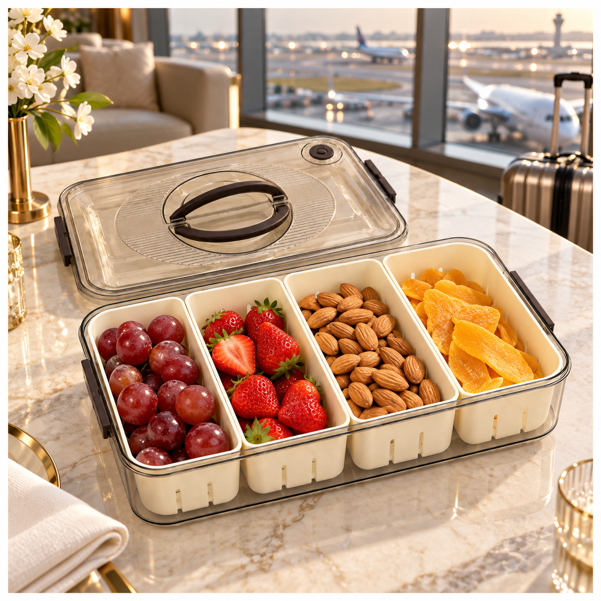 Portable 4-Compartment Snack Platter for Home, Picnics, Parties and Travel