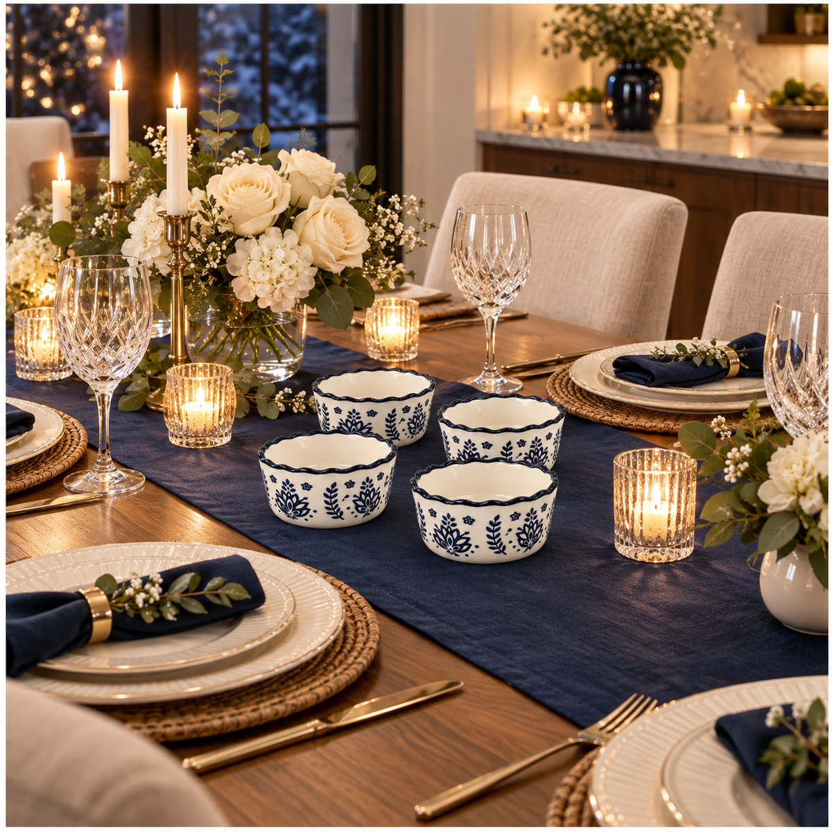 Elegant Navy Botanical Porcelain Sauce Bowls – Set of 4 Floral Bowls