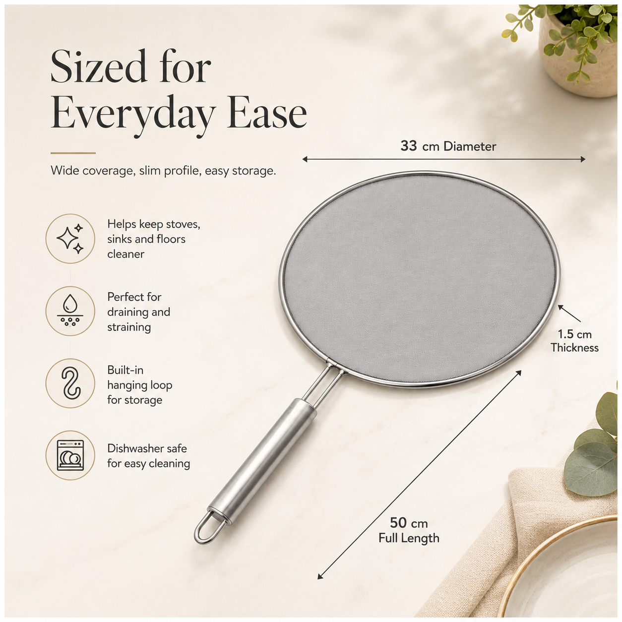 Stainless Steel Splatter Screen with Easy-Grip Handle – 33cm