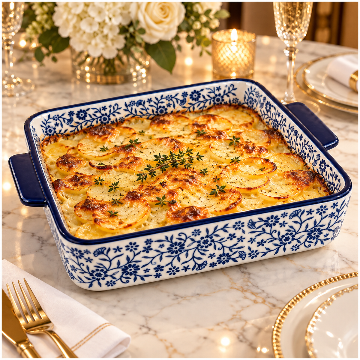 Elegant Blue and White Floral Porcelain Baking Dish with Handles - 29.5cm