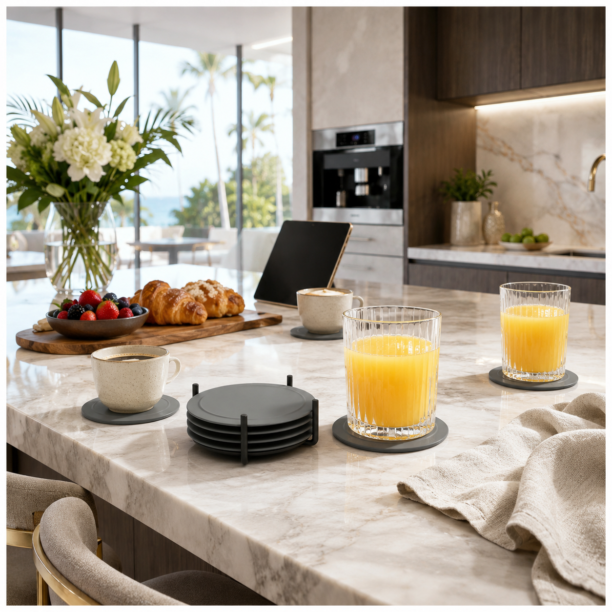 Grey Silicone Drink Coaster Set with Space - 6 Piece Set With Metal Holder