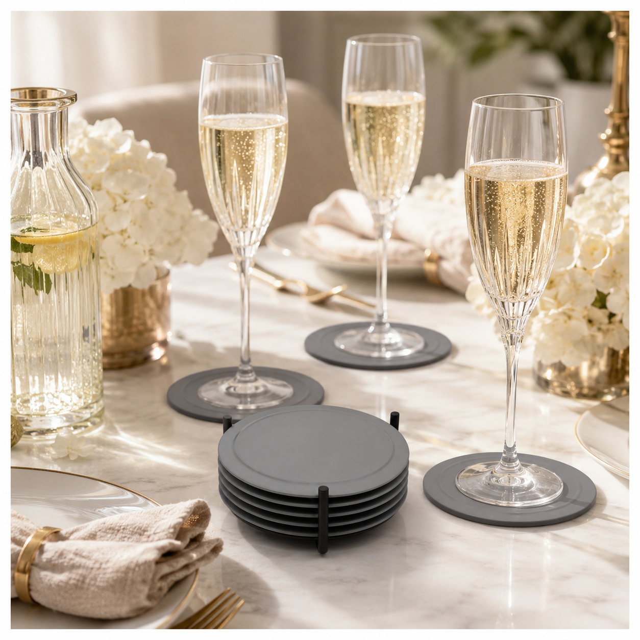 Grey Silicone Drink Coaster Set with Space - 6 Piece Set With Metal Holder