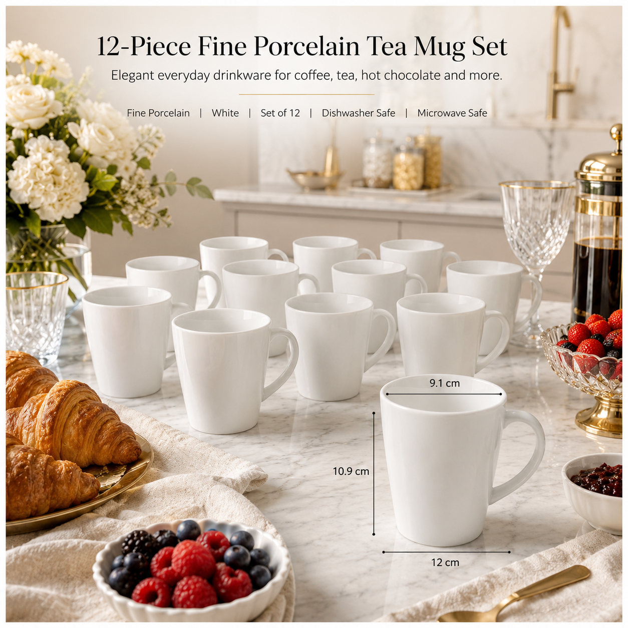 Essential 12-Piece White Fine Porcelain Coffee and Tea Mug Set